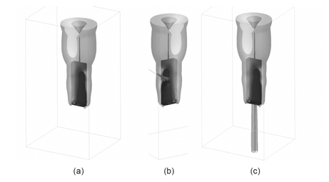 Magnetic field iso-surfaces representing surface currents on different cable locations Figure 5: Magnetic field iso-surfaces representing surface currents on different cable locations for, (a) No cable, (b) Cable on largest face, low surface current and (c) Cable co-polaried from the end of the chassis.
